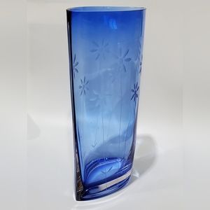 12" Almond Shaped Cobalt Blue Glass Etched Daisy Flowers Thick Clear Base